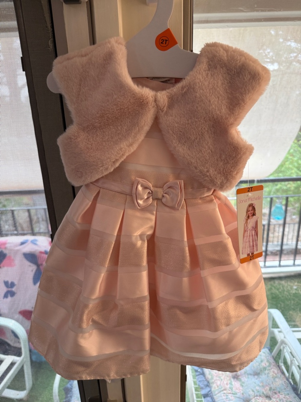 Jona Michelle Pink Satin Stripe Party Dress with Faux Fur Bolero